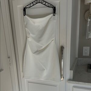 Asymmetrical White Ruched Strapless Sheath Dress